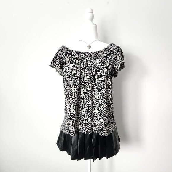 Vtg Y2K Flutter Sleeve Blouse Large Pima Cotton Modal Black White Lattice Print - Picture 2 of 14